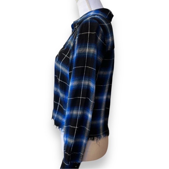 Justice Cropped Electr  Blue Plaid Long Sleeve Button Down Fringed Flannel - Picture 2 of 10